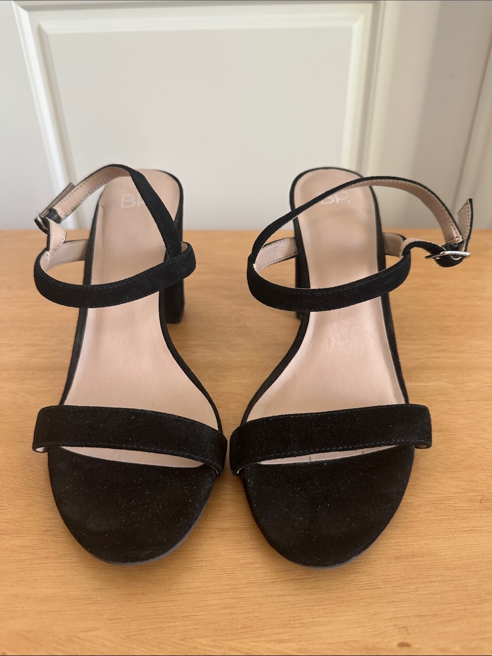 bp Black Suede Two-Strap Block Heel Sandals with Ankle Buckle